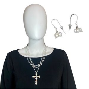 Freshwater Pearl & Swarovski Crystal Tri-Strand Cross Necklace and Earrings